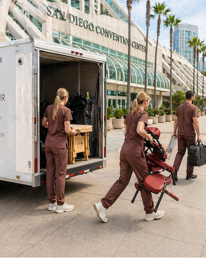 Three massage therapists in brown uniforms loading a massage chair into a Ycontour branded trailer outside the San Diego Convention Center.