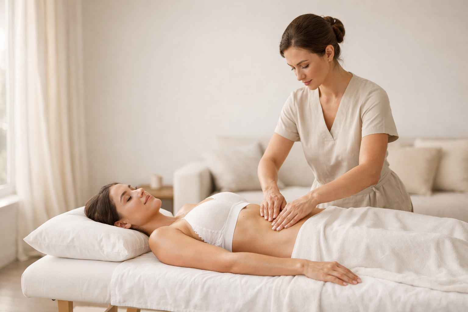 Woman receiving a lymphatic massage from a professional in home san diego.