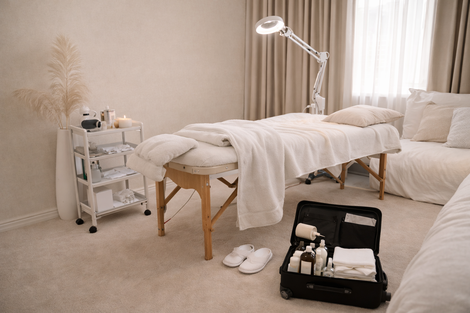 Lymphatic Massage setup with massage table, towels, and skincare products.