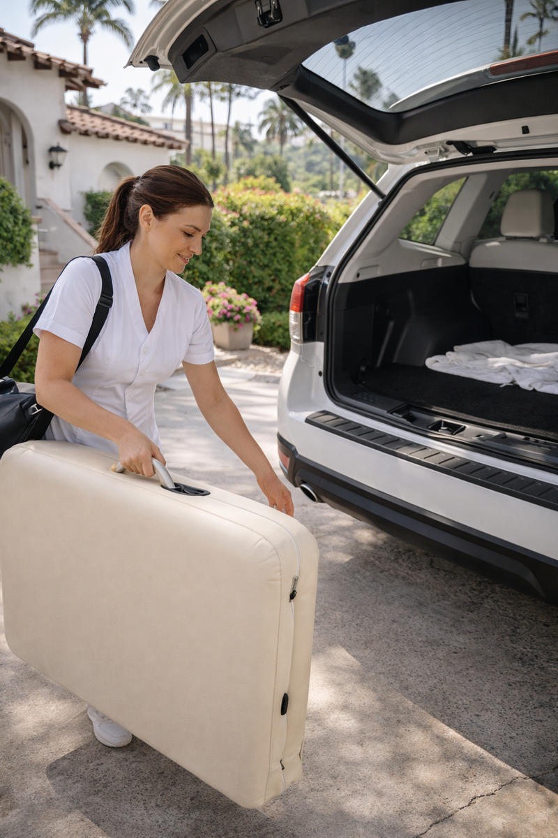 Woman loading a folded massage table into the trunk of a car with palm trees in the background
