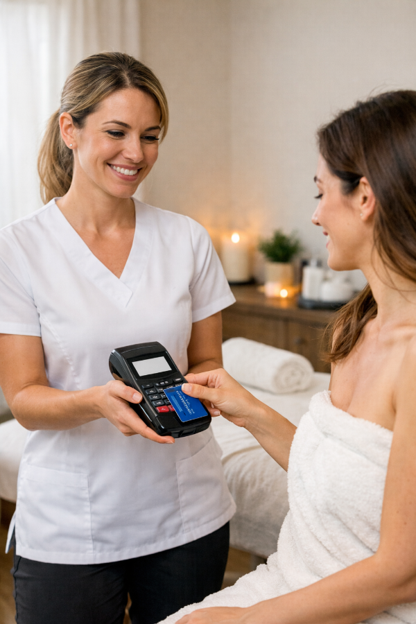 Client paying for an in-home mobile massage session in San Diego